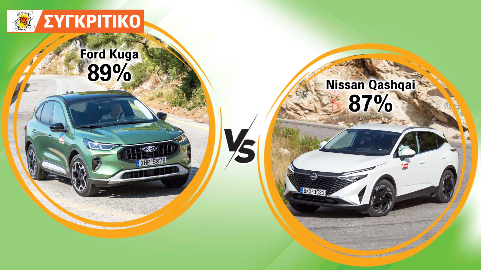 Συγκρίνουμε τα υβριδικά Ford Kuga και Nissan Qashqai και τα βαθμολογούμε.