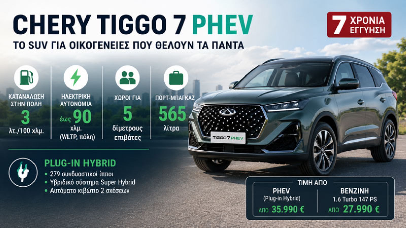 Chery Tiggo 7 PHEV: SUV με μεγάλους χώρους και μικρή κατανάλωση | Τιμές Ελλάδα