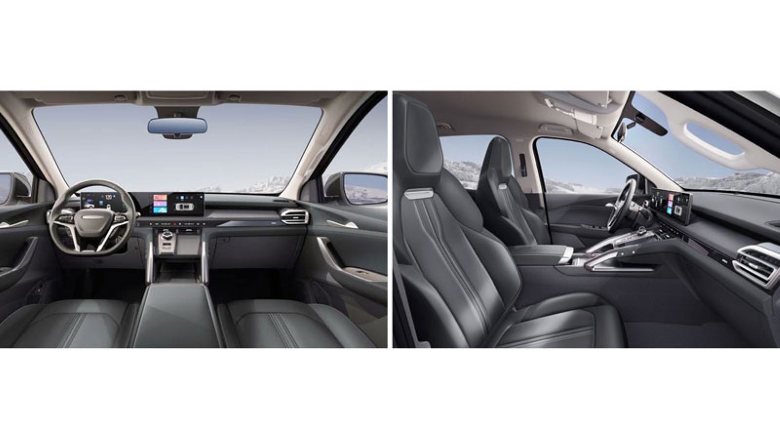 Το εσωτερικό του Maxus T60 Max (αριστερή φωτογραφία) και τα καθίσματά του (δεξιά φωτογραφία)