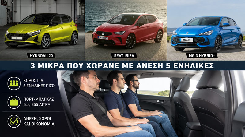 3 μικρά αυτοκίνητα με μεγάλο πίσω κάθισμα και άνεση για 5 επιβάτες 3 μικρά αυτοκίνητα με μεγάλο πίσω κάθισμα και άνεση για 5 επιβάτες