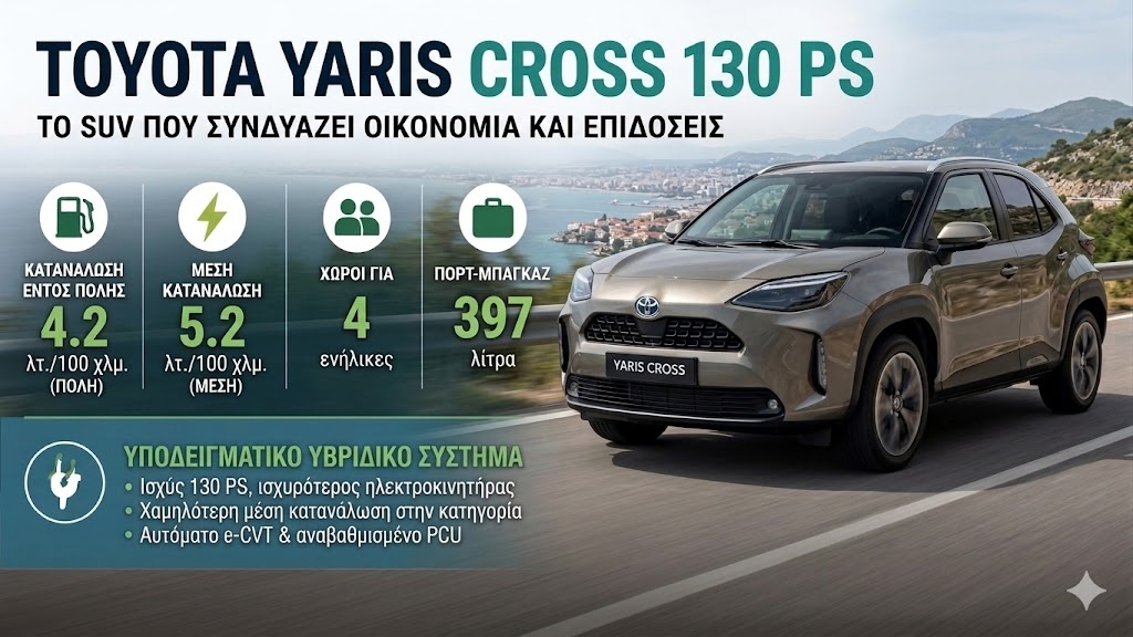 Toyota Yaris Cross 130 PS: 4,2 λτ. στην πόλη και 5,2 λτ. μέση κατανάλωση Toyota Yaris Cross 130 PS: 4,2 λτ. στην πόλη και 5,2 λτ. μέση κατανάλωση