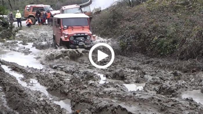 Toyota Land Cruiser FJ40 «σκυλί του πολέμου» καταπίνει λάσπη [video]